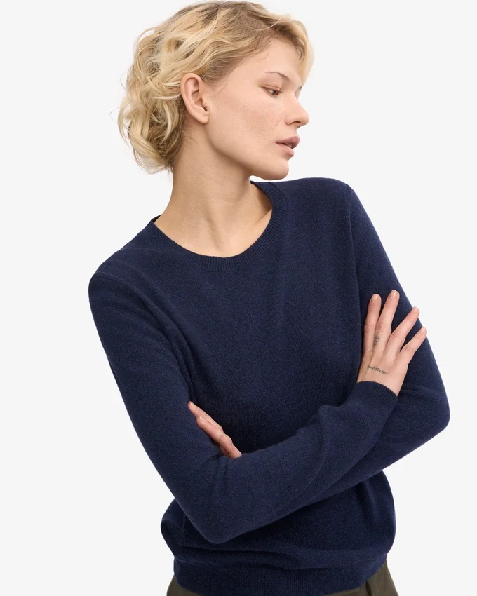 Suéter de cuello redondo de lana merino ligera para mujer - Azul marino