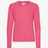 Suéter de cuello redondo de lana merino ligera para mujer - Rosa chicle