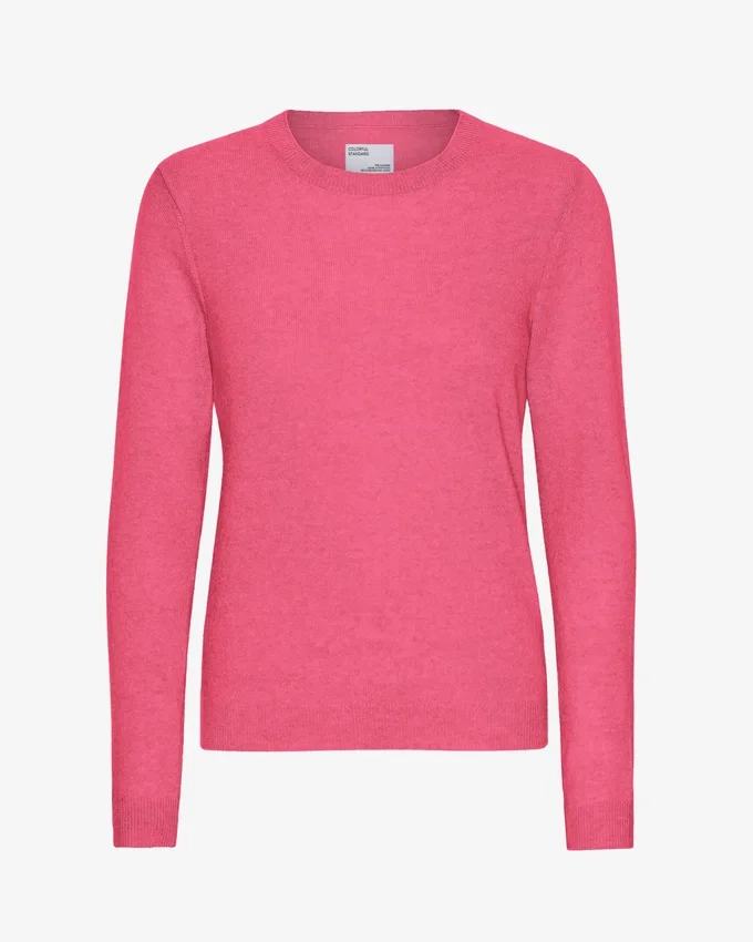 Suéter de cuello redondo de lana merino ligera para mujer - Rosa chicle