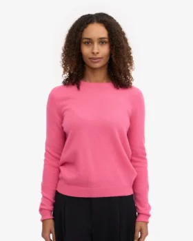 Suéter de cuello redondo de lana merino ligera para mujer – Rosa chicle