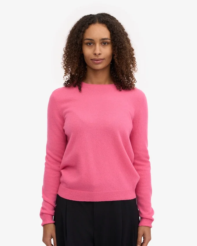 Suéter de cuello redondo de lana merino ligera para mujer - Rosa chicle