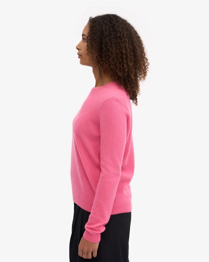 Suéter de cuello redondo de lana merino ligera para mujer - Rosa chicle