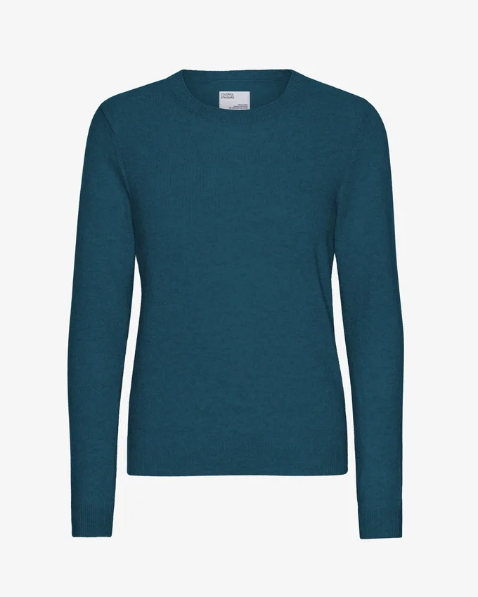 Suéter de cuello redondo de lana merino ligera para mujer - Verde océano