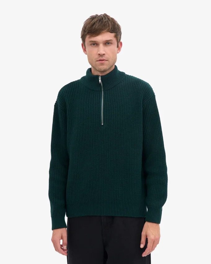 Suéter de merino con jersé de media cremallera - Verde esmeralda