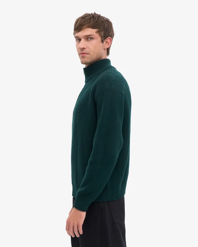 Suéter de merino con jersé de media cremallera - Verde esmeralda
