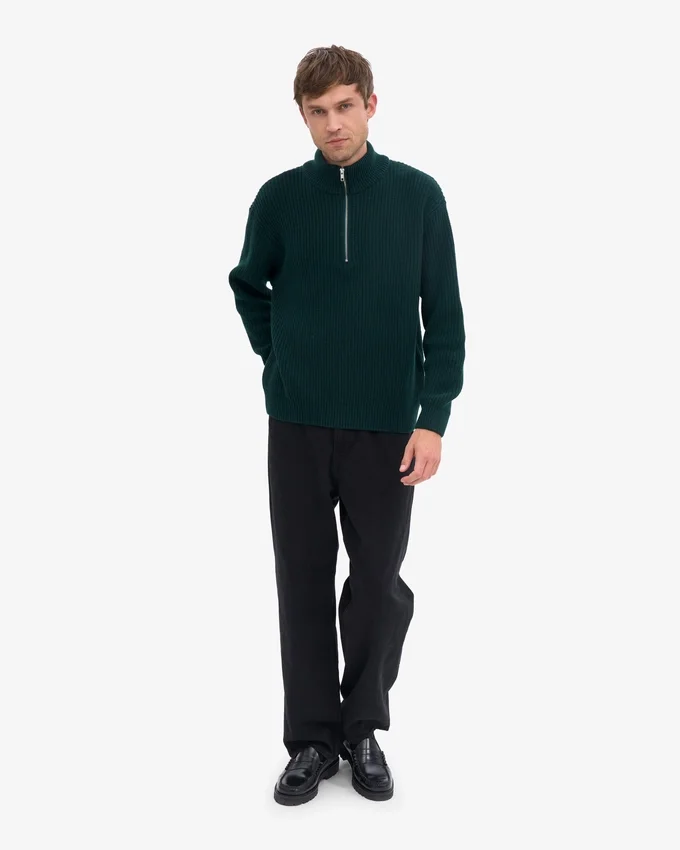 Suéter de merino con jersé de media cremallera - Verde esmeralda