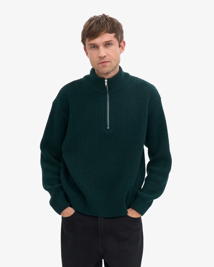 Suéter de merino con jersé de media cremallera - Verde esmeralda