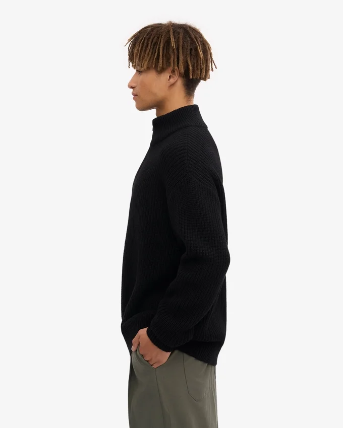 Suéter de merino con jersé de media cremallera - Negro intenso