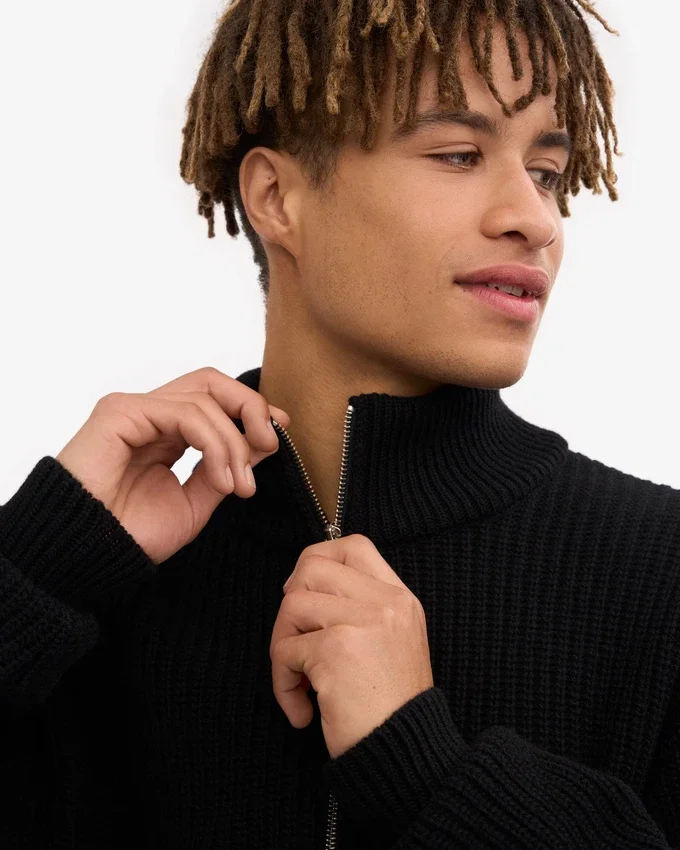 Suéter de merino con jersé de media cremallera - Negro intenso
