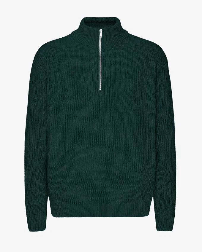 Suéter de merino con jersé de media cremallera - Verde esmeralda