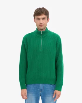 Suéter de merino con jersé de media cremallera – Verde Kelly