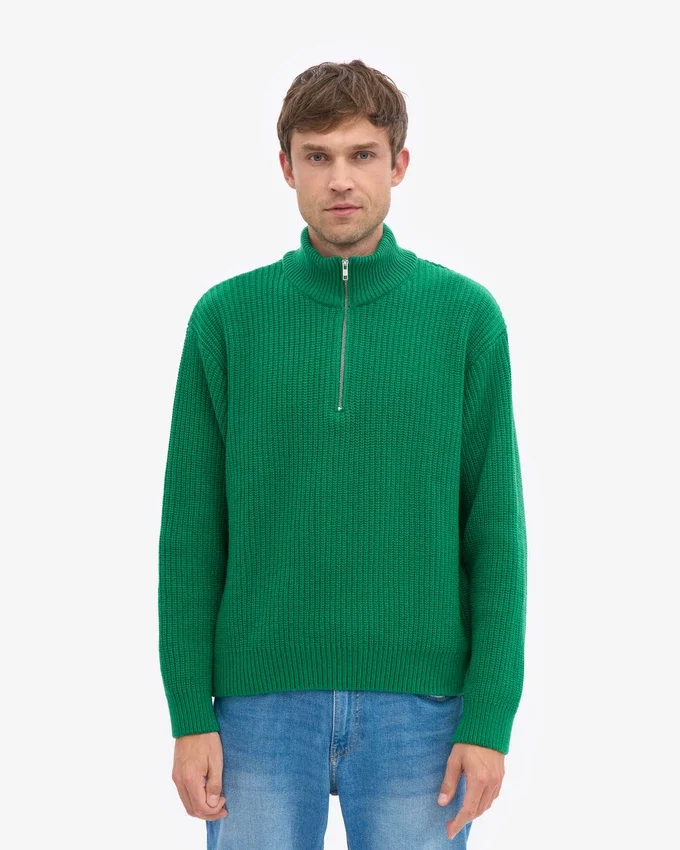 Suéter de merino con jersé de media cremallera - Verde Kelly