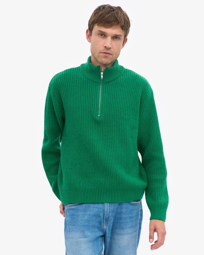 Suéter de merino con jersé de media cremallera - Verde Kelly