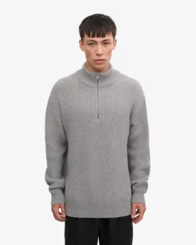 Suéter de merino con jerséu de media cremallera – Gris jaspeado