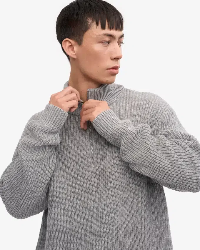 Suéter de merino con jerséu de media cremallera - Gris jaspeado