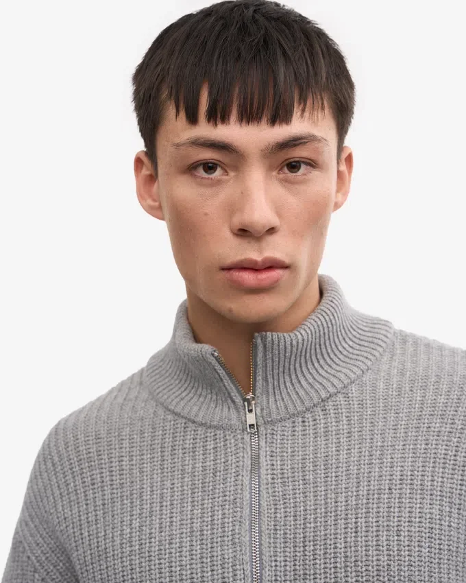 Suéter de merino con jerséu de media cremallera - Gris jaspeado