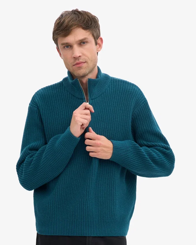 Suéter de merino con jerséu de media cremallera - Verde océano