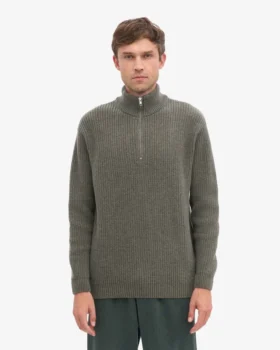 Suéter de merino con jerséu de media cremallera – Verde oliva polvoriento