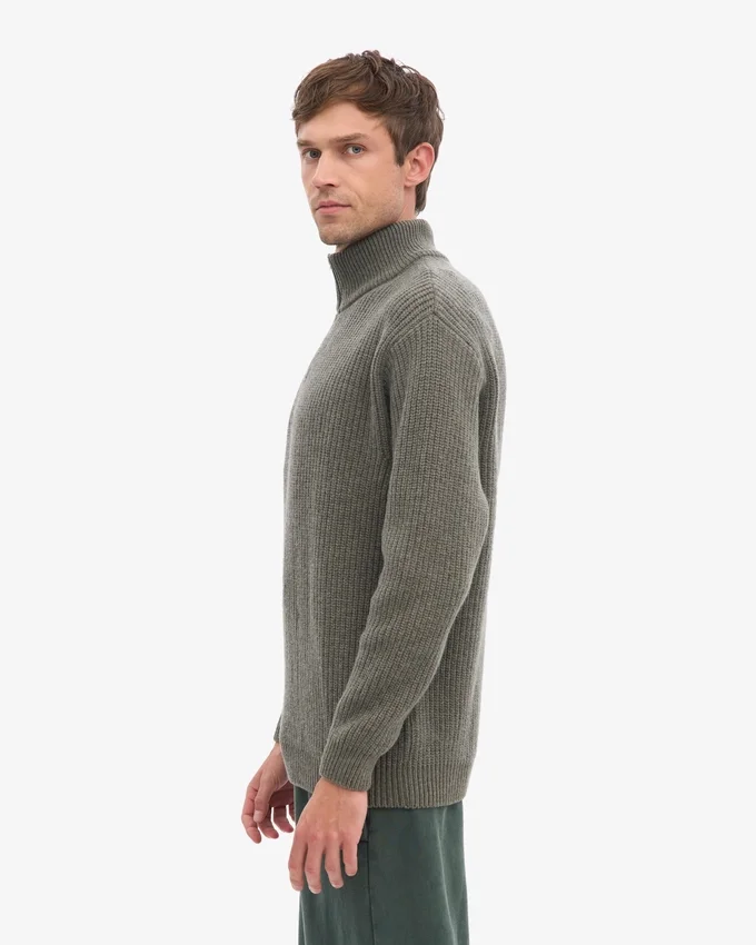 Suéter de merino con jerséu de media cremallera - Verde oliva polvoriento
