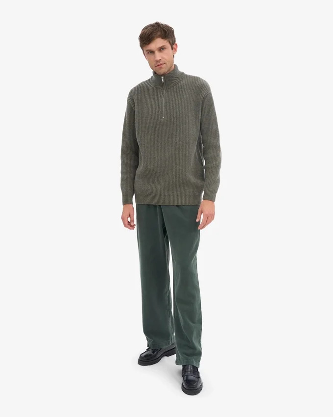 Suéter de merino con jerséu de media cremallera - Verde oliva polvoriento