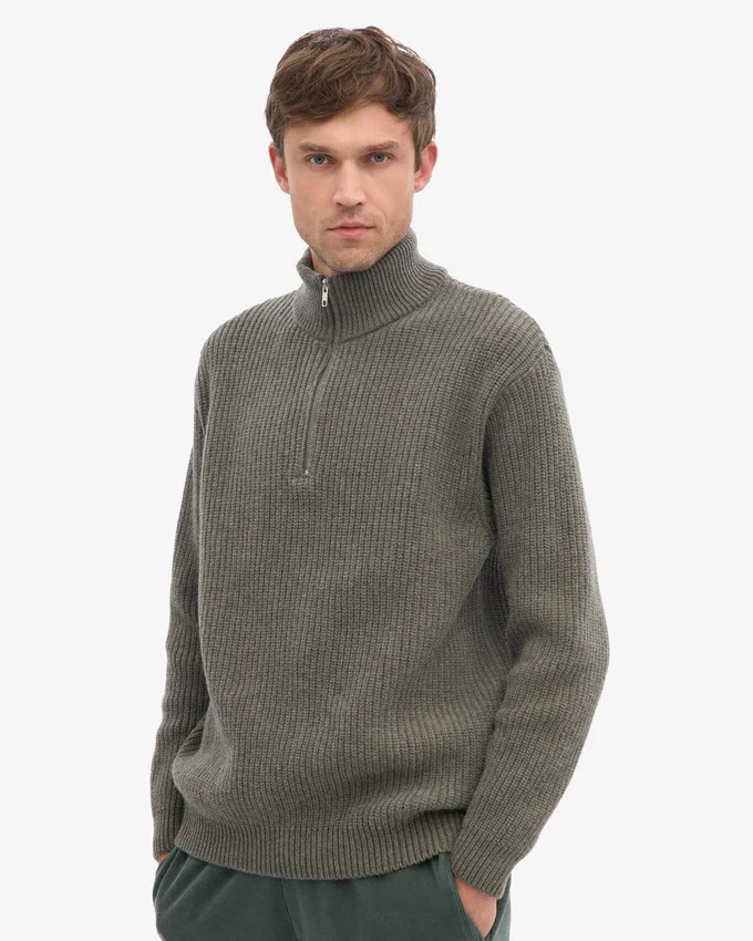Suéter de merino con jerséu de media cremallera - Verde oliva polvoriento